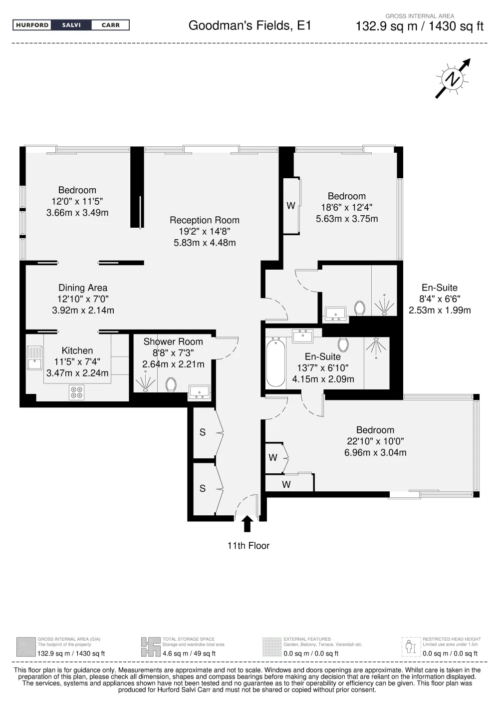 Floorplan: three bedrooms, reception room, kitchen and three bathrooms, 132.9 square metres on the 11th floor