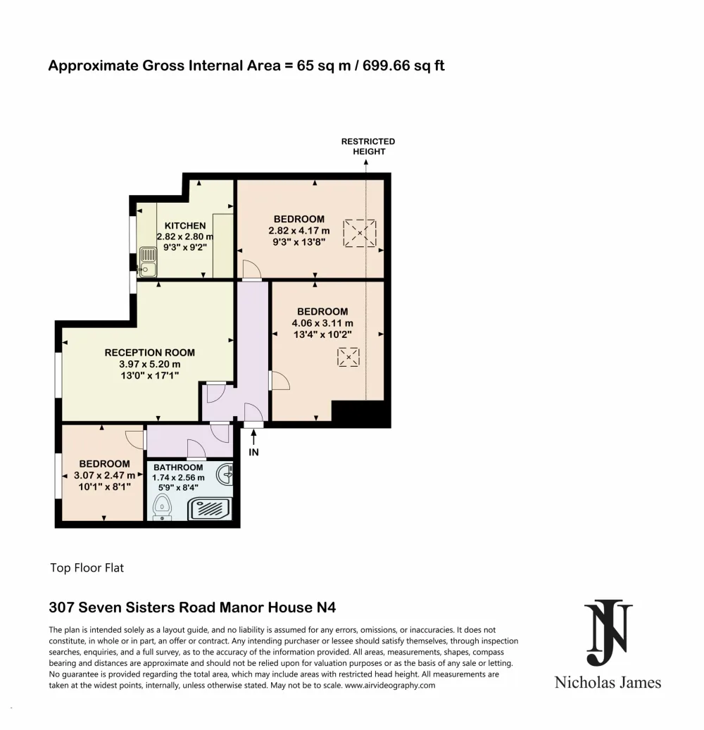 Floorplan: top-floor flat with three bedrooms, reception room, kitchen and bathroom, 65 square metres